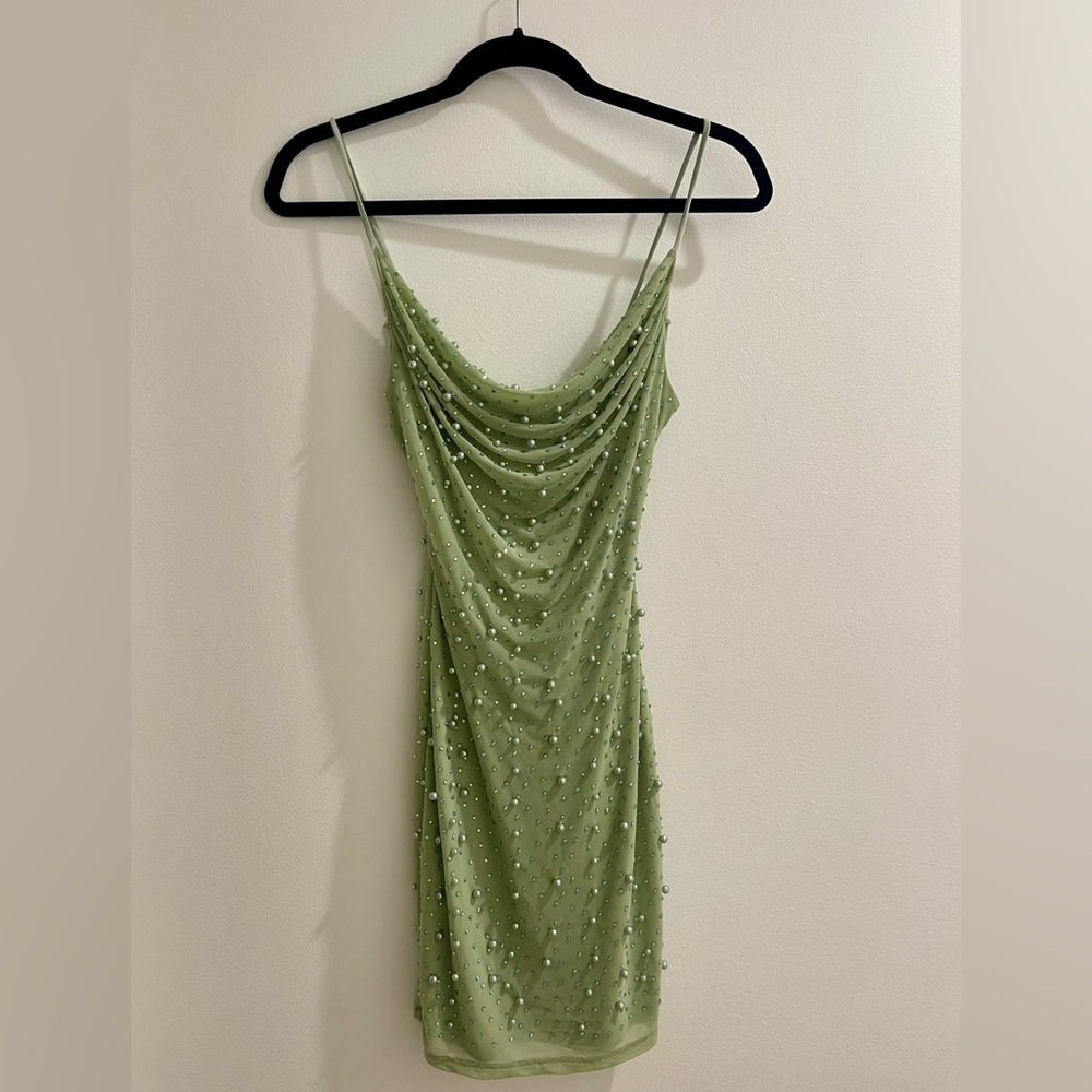 Green beaded homecoming mini dress